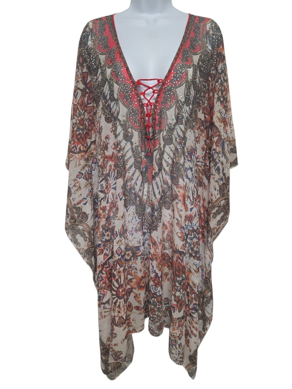 COLLEEN LOPEZ Boho Detailed Lace-up Front Sheer Cover Top One Size